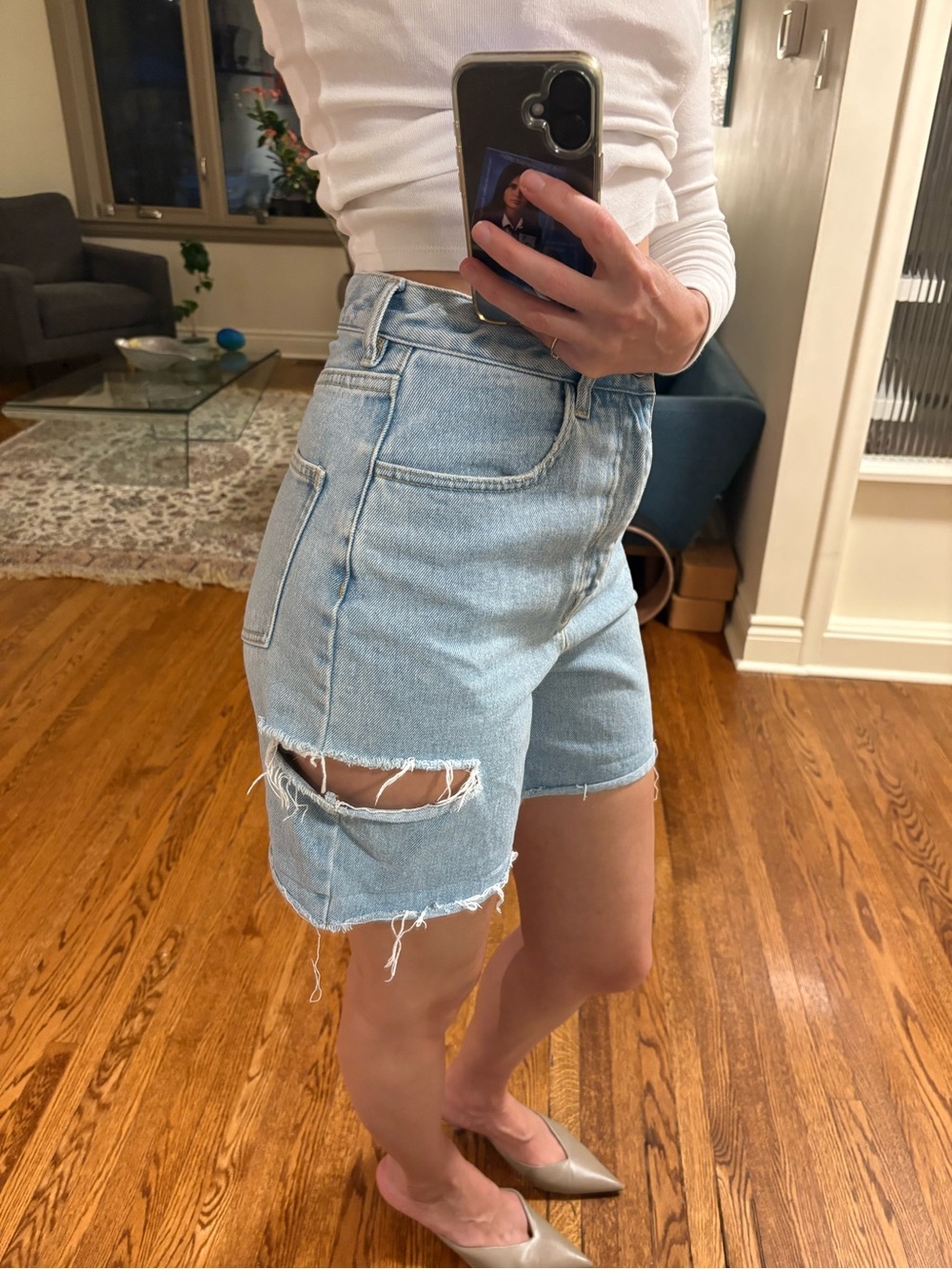 OAK + FORT Light Blue High-Rise Distressed Jean Shorts